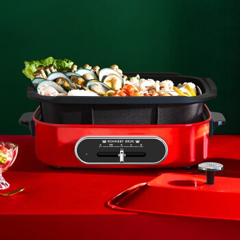 瑞典 多功能料理锅 网红烤肉锅韩式电烤炉煎烤盘 家用无烟电火锅电烤盘 烤肉锅 复古红(深锅 牛扒盘)