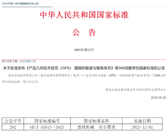《造纸机械 安全要求》国家标准发布
